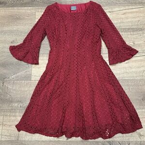 RABBIT‎ RABBIT DESIGNS Women Lace Bell Sleeve Dress M Burgundy Wine Cocktail